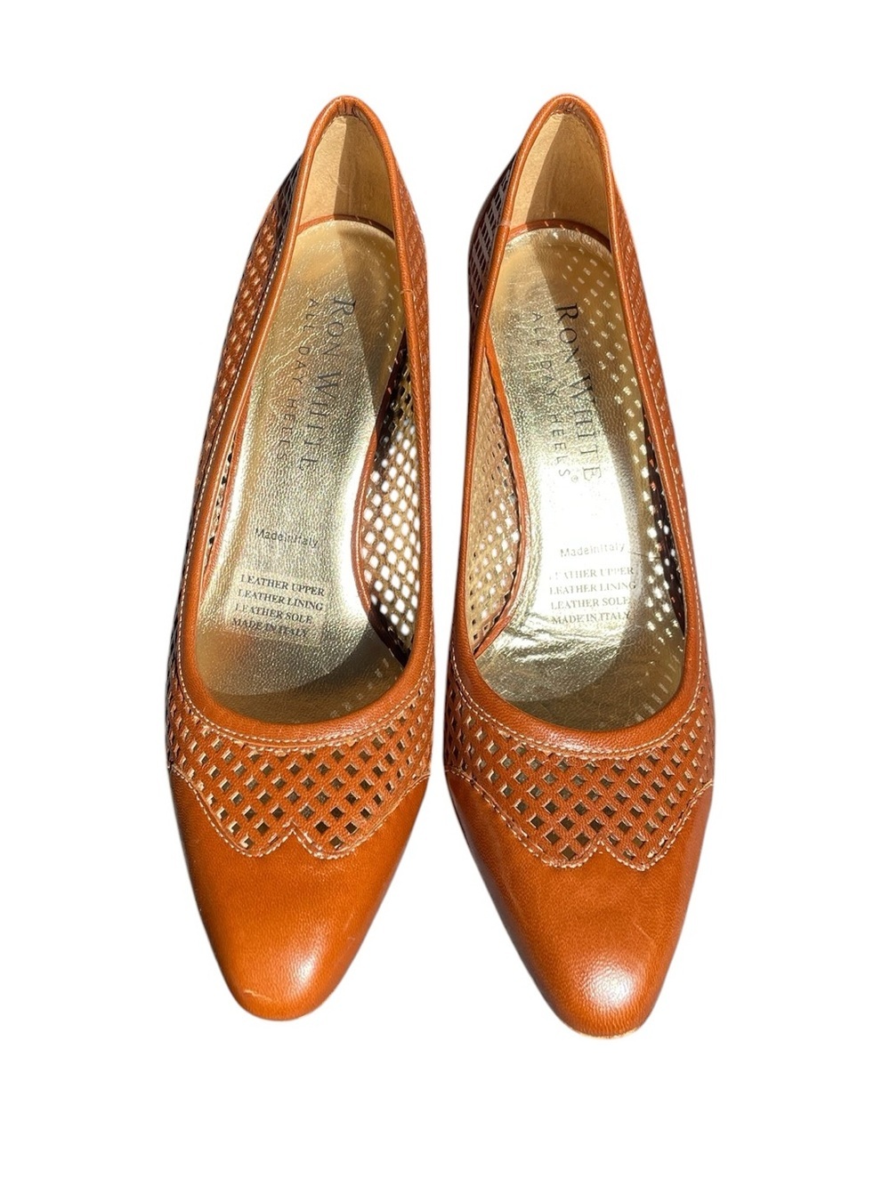 RON WHITE All Day Heels Cognac Leather Almond-Toe Heels 37